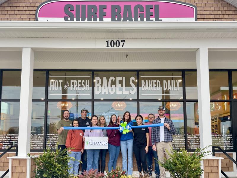 Surf Bagel Fenwick Island ribbon-cutting attendees shown are (l-r) Joe Charles, Andreia Gilbert, Dennis Janssen, Katie Frederick, Karen Johnson, Charlotte Jump, Sara Cessna, Lenny Landero, Wes Books and Matt Patton. SUBMITTED PHOTO